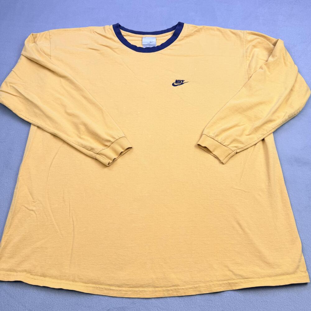Nike Shirt Mens 2XL Yellow Blue Ringer Long Sleeve Swoosh Logo Tee Crewneck